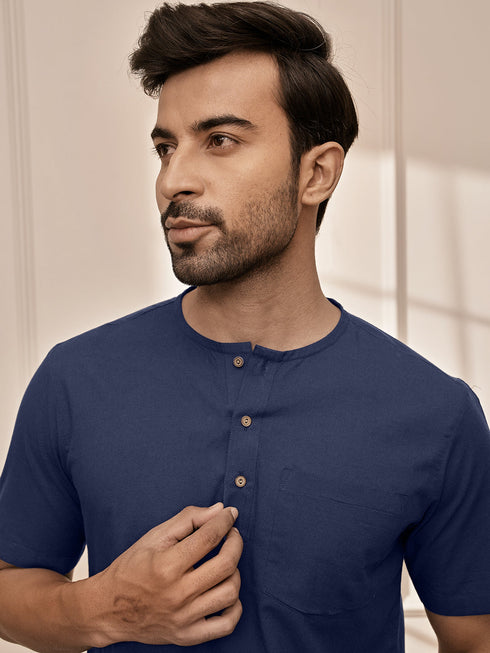 Men Navy Blue Cambric Cotton Yoga Kurta With Om Embroidery